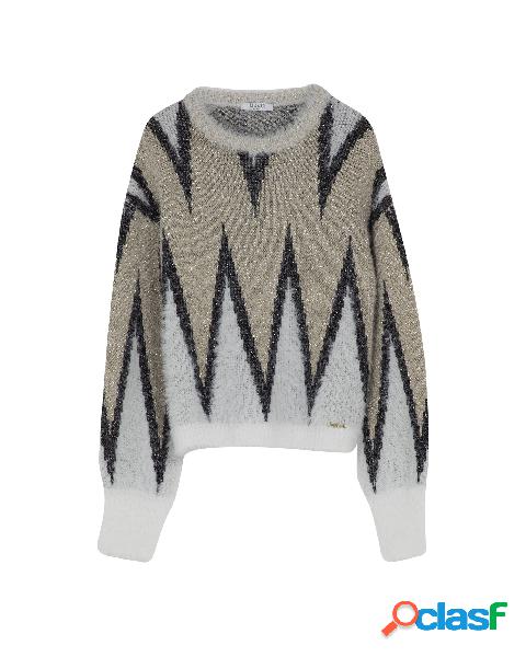 Maglia jacquard beige bianca e nera con inserti in lurex