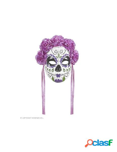 Maschera dia de los muertos decorata con rose viola e nastri