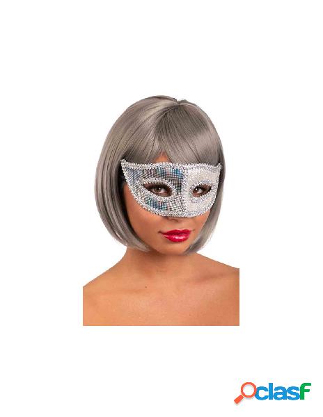 Maschera in plastica con tessuto argento su cartoncino