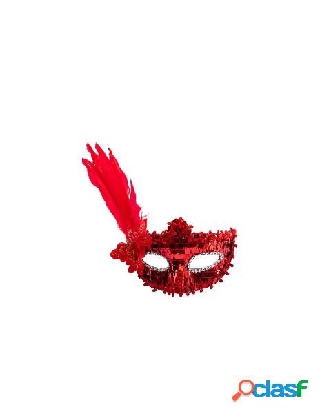 Maschera rossa in plastica con paillettes, piume e