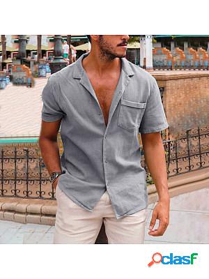 Mens Breathable Solid Color Short Sleeve Loose Cotton Shirt