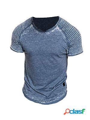 Mens Casual Pleated Round Neck Short Sleeve T-Shirt