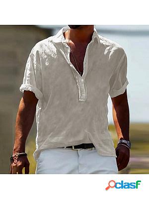 Mens Casual Solid Color Cotton Linen Half Open Collar Shirt