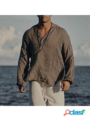Mens Linen Half-open Collar Long-sleeved Shirt