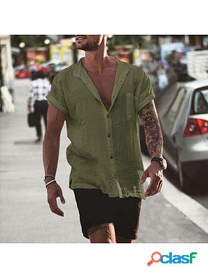 Mens Linen Loose Short Sleeve Pocket Simple Casual Shirt
