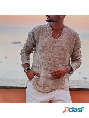 Mens Linen Simple Long-sleeved Shirt