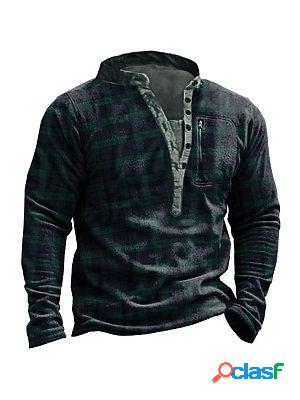 Men's Outdoor Retro Plaid Polar Fleece Henley Collar