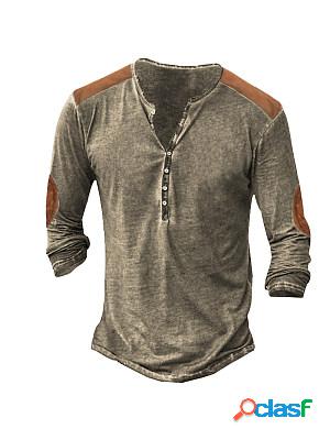 Men's Retro Stitching Color Contrast Henley Long Sleeve