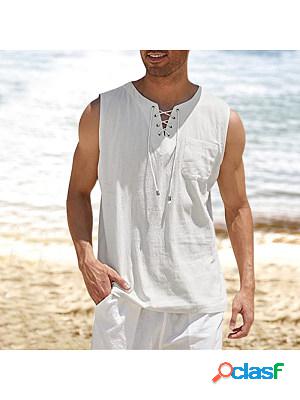 Mens Tank Top Shirt Lace-Up Solid Linen Short Sleeve T-Shirt