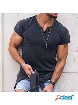 Mens V-neck Solid Color Breathable T-Shirt Casual Retro