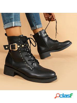 Mid Tube Lace-up Buckle Pearl-embellished Martin Flat Boots