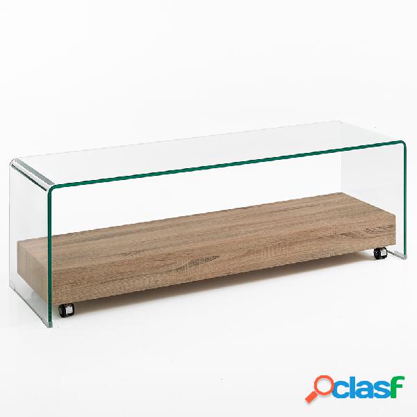 Mobile basso porta tv in vetro trasparente ripiano in legno