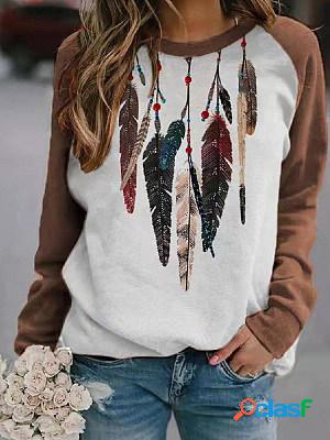 O-Neck Vintage Feather Print Casual Long-Sleeved Sweatshirt