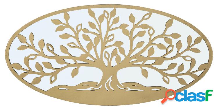 Pannello ovale in metallo dorato e specchio con albero della