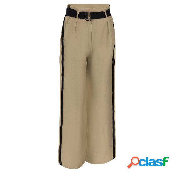 Pantaloni palazzo misto lino vita alta e banda nero e oro