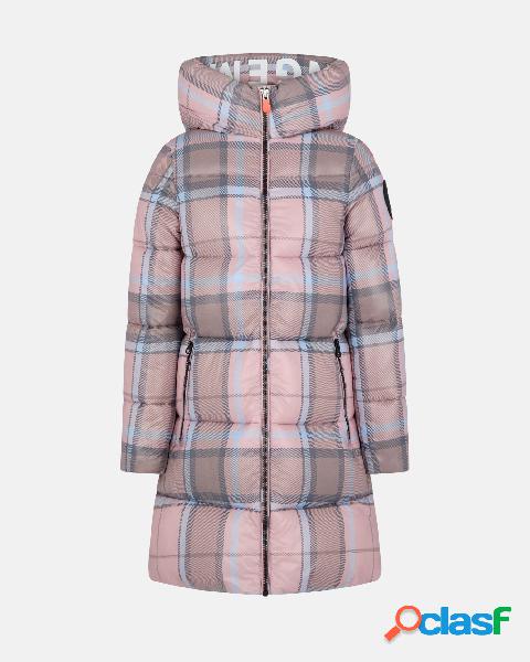 Piumino lungo check rosa e azzurro in nylon ripstop con