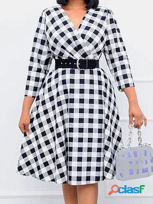 Plaid V-neck Mid-sleeve Commuter Waist Belted Skater Dresses