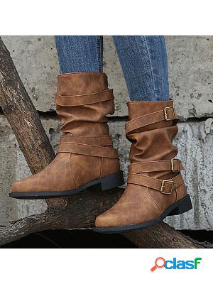 Plain Round Toe Outdoor Buckle Mid-cut Flat Boots