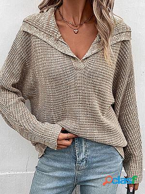 Polo Collar Casual Loose Solid Color Sweater Pullover