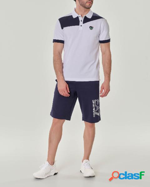 Polo mezza manica bianca e blu in cotone stretch con logo