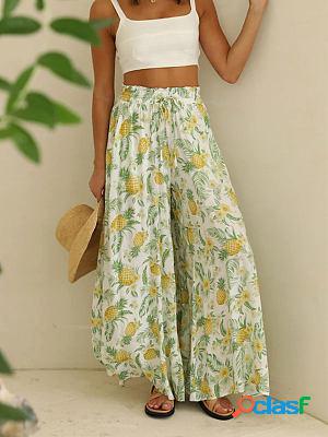 Printed Elastic-belt Wide-leg High-rise Long Casual Pants