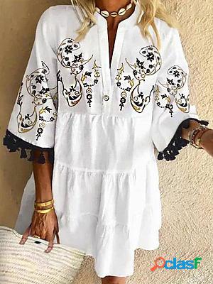 Printed Fringed V-neck Mid-sleeve Short Dress