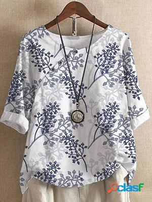 Printed Half Sleeves Buttoned Crew Neck Blouse