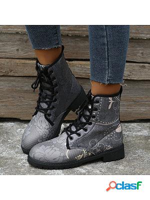Printed Short Casual Lace-Up Round Toe Boots