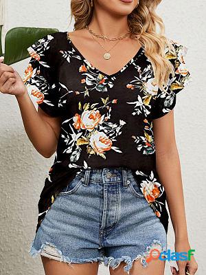 Printed V-neck Double Layer Ruffled Sleeves Loose