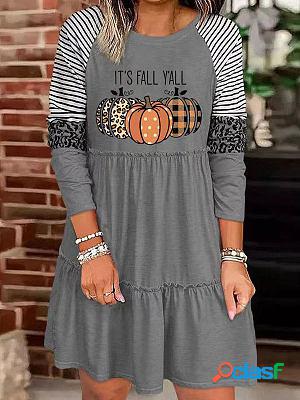 Pumpkin Leopard Print Long Sleeve Paneled Midi Shift Dresses