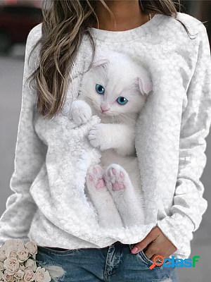 Qute Cat Printed Crew Neck Casual Sweatershirt
