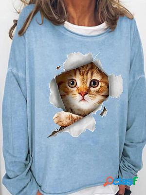 Qute Cat Printed Round Neck Casual Loose Sweatershirt