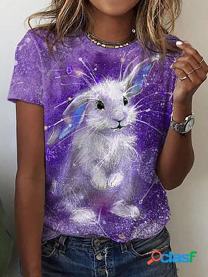Rabbit Printed Short Sleeves Round Neck Casual T-shirt