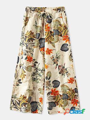Relaxed Loose Floral Print Elastic Waist Wide Leg Pants