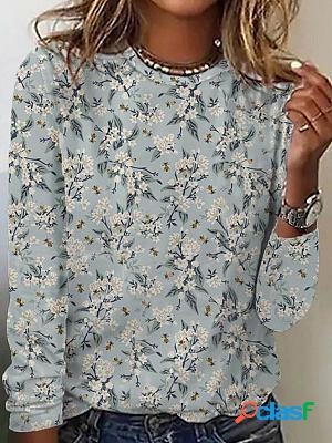 Retro Floral Round Neck Casual Pullover Long Sleeve T-shirt