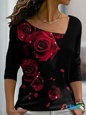 Rose Printed Women Casual Long Sleeves T-shirt