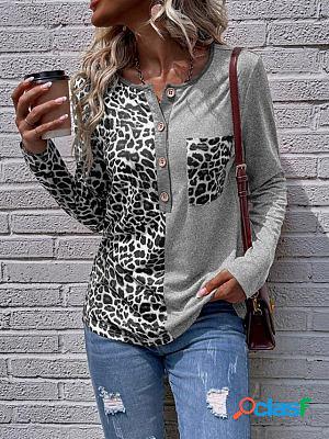 Round Neck Button Color Block Long Sleeve T-shirt