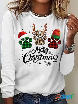 Round Neck Casual Christmas Print Long Sleeve T-shirt