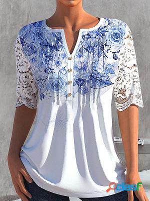 Round Neck Casual Floral Print Lace Panel Short-sleeved