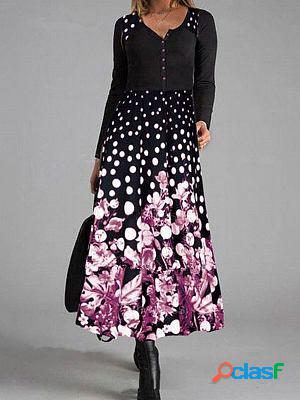 Round Neck Casual Floral Print Long Sleeve Maxi Dress
