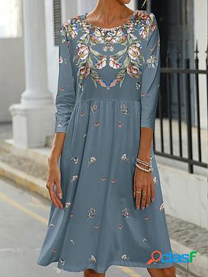 Round Neck Casual Floral Print Long Sleeve Short Dress