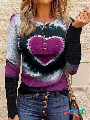 Round Neck Casual Heart Gradient Print Long Sleeve T-shirt