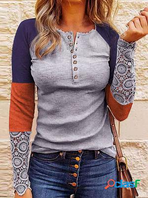 Round Neck Casual Lace Stitching Long-sleeved T-shirt