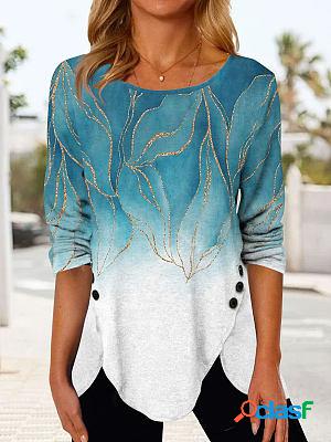 Round Neck Casual Loose Bronze Leaf Print Long Sleeve