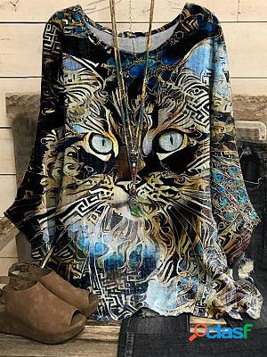 Round Neck Casual Loose Bronzing Cat Print Long-sleeved