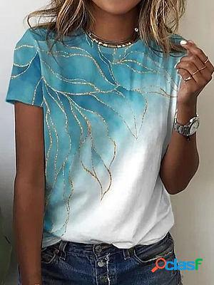 Round Neck Casual Loose Bronzing Leaf Print Short-sleeved