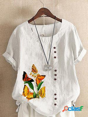 Round Neck Casual Loose Butterfly Short Sleeve Blouse