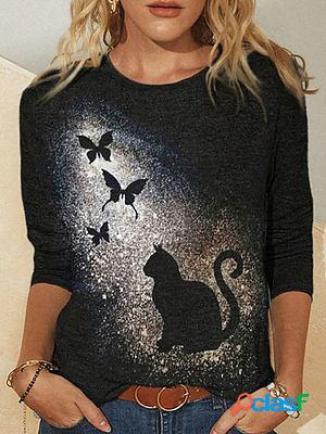 Round Neck Casual Loose Cat Print Long Sleeve T-Shirt