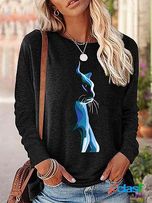 Round Neck Casual Loose Cat Print Long Sleeve T-shirt