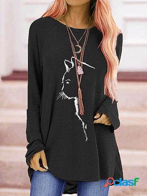 Round Neck Casual Loose Cat Print Long Sleeve T-shirt